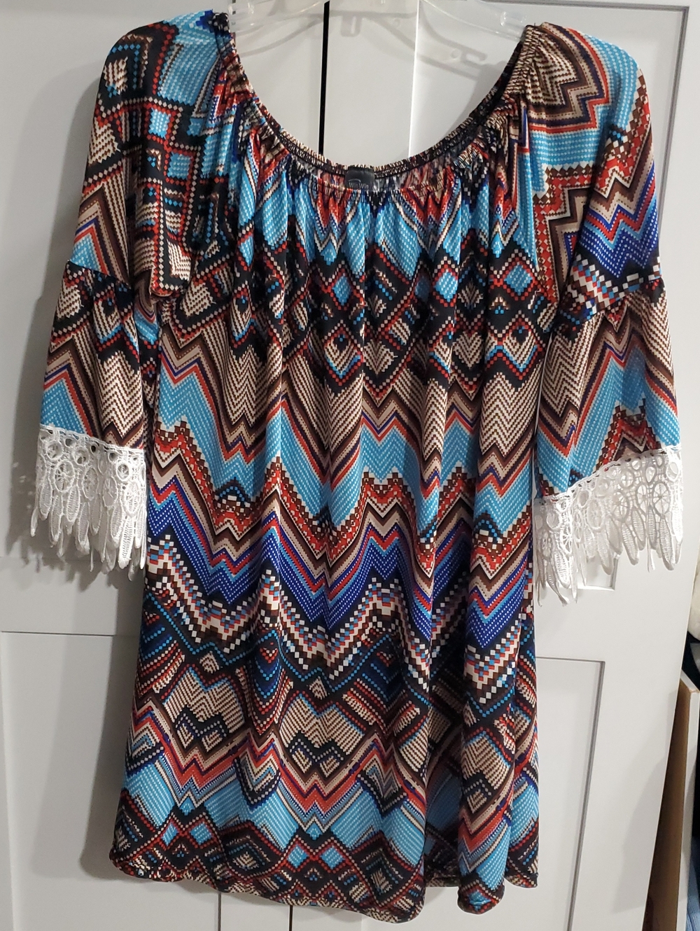 WinWin Boho Chevron Tunic in Blue, Brown, White